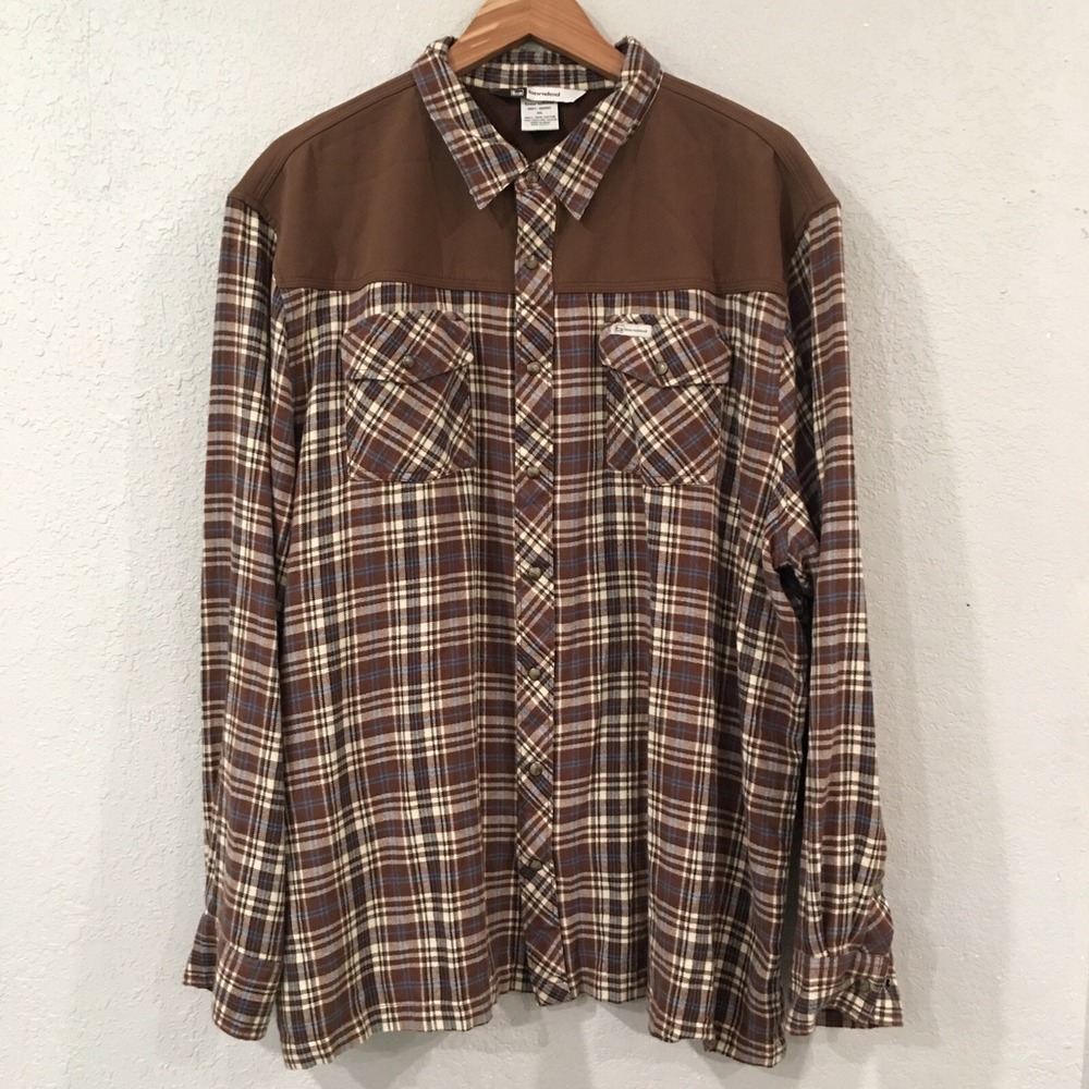 Banded Plaid Flannel Shirt Men 3XL Brown Snap Front Fleece Lined Yoke Soft Shell